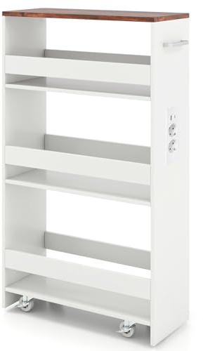 FANTASK 20 cm Narrow Recess Trolley, 4 Tier Kitchen Serving Trolley with Charging Station, Rolling Wooden Shelf with Handle & Railing, Bathroom Shelf for Kitchen & Bathroom (White)