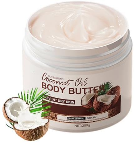 Kokosnussöl Körperbutter 200g, Natürlich Kokosöl Körpercreme | Kokosöl zur Straffung & Glättung Haut, Intensive Feuchtigkeitscreme für Männer & Frauen, Coconut Body Butter für Alle Haut