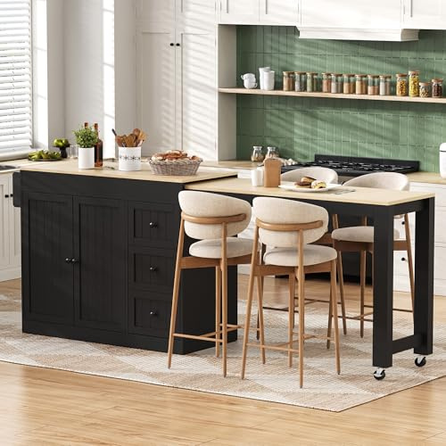 Muskel Isla de cocina con ruedas con estante para especias y comedor extensible, isla de cocina móvil con cajones, encimera y espacio de almacenamiento para cocina y comedor, color negro