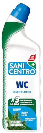 Sanicentro Gel WC Desinfectante Frescor Montaña | Limpieza profunda con lejía | Blanquea y elimina manchas | Neutraliza olores | Botella 1L con tapón de seguridad