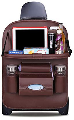 Ergocar Auto Organizer Rückenlehnenschutz Luxus Autositzschutz aus PU-Leder mit faltbarem Tablethalter wasserdicht Rückenlehnenschutz Rückenlehnen-Tasche für Kinder (Mokka - 1 Pack)