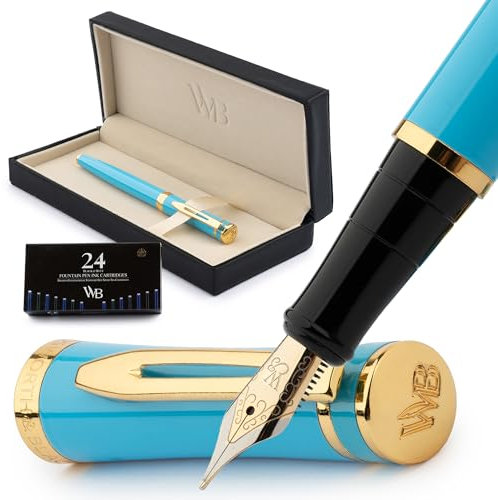 Wordsworth & Black Füllfederhalter-Set, 18 Karat vergoldete mittlere Feder, inkl. 24 Tintenpatronen, Tintennachfüllkonverter und Geschenkbox, Gold-Finish, Kalligraphie, [Himmelblau], perfekt für alle