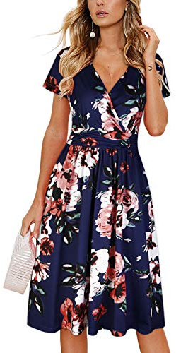 OUGES Damen Sommerkleid Kurzarm V-Ausschnitt Knielang Blumenmuster Midi Kleid mit Taschen(Floral02, L)