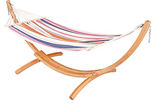 LA Siesta® Chillounge Hängematte mit Spreizstange & Holzständer, wetterfeste Outdoor-Hängematte mit Ständer für den Außenbereich, Hinterhof, robuste Hängematte und Ständer, max. 120 kg, Sonnenaufgang