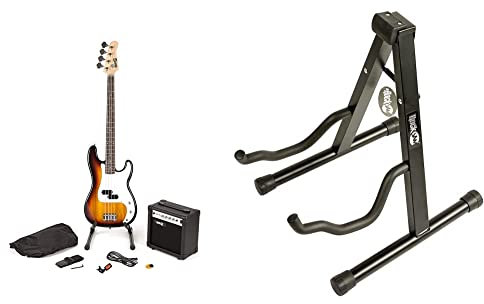 RockJam RJBG01-SK-SB Full Size Bass Guitar super Kit with Guitar Amplifier Guitar Tuner Guitar Stand Guitar Bag and accessories Sunburst & RJGS01 Aframe Guitar Stand for all Guitars Acoustic