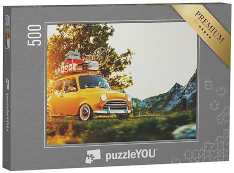 puzzleYOU: Puzzle 500 Teile „Retro-Auto mit Koffern und Fahrrad im Sonnenuntergang“ – aus der Puzzle-Kollektion Autos