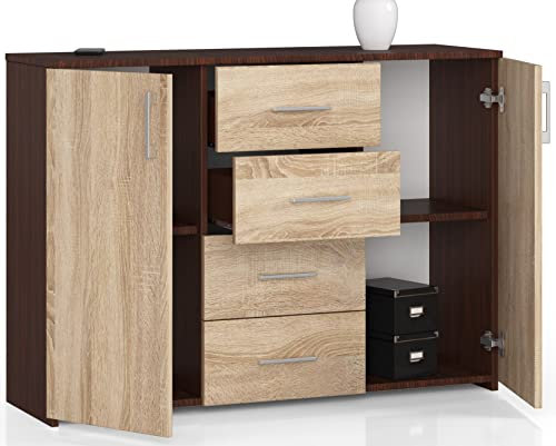 Kommode mit 4 Schubladen und Zwei Türen, Sideboard, Multifunktionsschrank, Wohnzimmer, Esszimmer 110x80x35cm VIELE Farbe! (Venga/Eiche Sonoma), One size