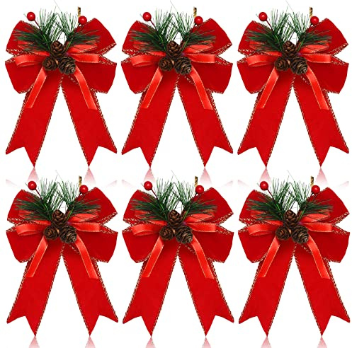 Syhood 6 Pcs Christmas Bows Xmas Velvet Bows Tree Decor, Red