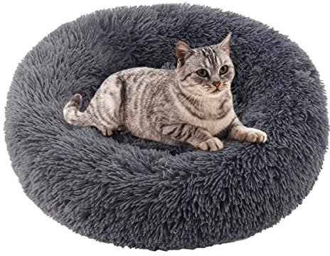 Katzenbett Hundebett Flauschig Waschbar rund Katzenkissen Hundekissen Plüsch Haustierbett Donut Hundekorb Katzenkorb für Katzen und kleine mittelgroßen Hunde (60CM, Grau)