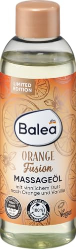 Balea Massageöl Orange Fusion pflegt die Haut geschmeidig weich, sinnlicher Duft nach Orange & Vanille, Hautpflegeöl mit Mandel- und Traubenkernöl für wohltuende Massagen, ideal nach dem Sport, 100 ml