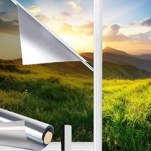 HOMTOL Spiegelfolie Fensterfolie selbsthaftend Blickdicht 60x400 cm Sichtschutzfolie UV-Schutz Sonnenschutzfolie Selbstklebend durchsichtig fensterglasfolie Silber