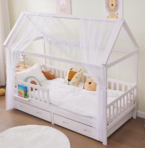 ALAVYA HOME® 4-TLG Hausbett Deko Set mit 2 Stück Betthimmel I 1 Stück Wimpelkette 300cm cm lang für Kinderbett Kinderzimmer I Wimpelkette 100% Bio-Baumwolle I 150 x 350 cm I mit Lichterkette I Weiß