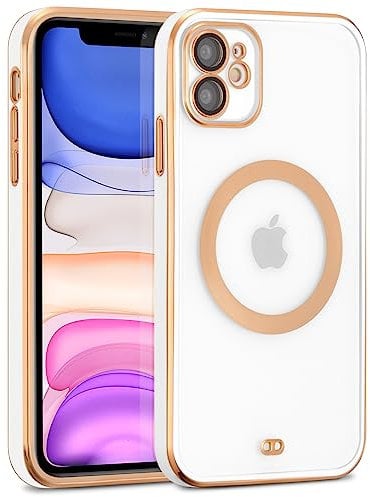 ZCDAYE Case for iPhone 11, Clear Soft TPU Electroplated Anti-Scratch Lens Protector Protective Case with Wireless Charging, Magnetic Ring, White