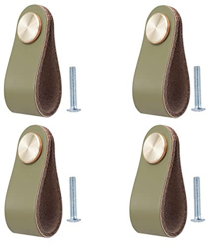 BOOLSFMAM 4 Stück Ledergriffe für Möbel,6.4 x 2.5 cm Handgemachte Griff Möbelknöpfe Leder Möbelgriffe,Schrank knöpfe,Schrankknöpfe für Küchenschränke, Kleiderschrank