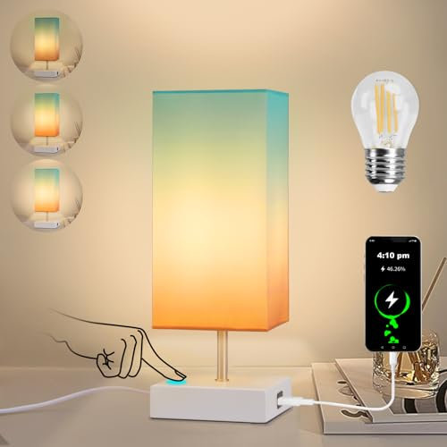 Depuley Nachttischlampe, quadratischer Stoffschirm mit Farbverlauf Orange-Blau-Grün, USB-Anschluss zum Aufladen von Geräten, perfekt für Schlafzimmer, Wohnzimmer und mehr