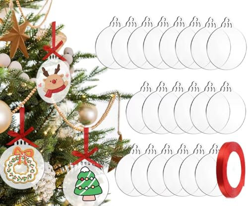 Acryl Weihnachtsbaumschmuck, 20 Stück Weihnachten Acryl Scheibe Anhänger, Weihnachten Deko Anhänger mit rotem Band, Leere Runde Acryl-Verzierung für Kinder DIY Weihnachtsdekoration, Winterdeko