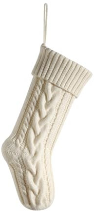 Hixingo Chaussette de Noël Personnalisé 46cm Épissage de Couleur Unie Chaussettes de Cheminée à Suspendre Knit Tricotés Décorations de Bas de Noël Xmas Sac Cadeau Sac de Bonbons (Beige)