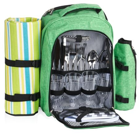 CampFeuer Sac à dos de pique-nique 32 pièces - Kit de pique-nique pour 4 personnes - Vert menthe chiné - Avec porte-bouteille, couverture de pique-nique, compartiment isotherme et vaisselle de camping