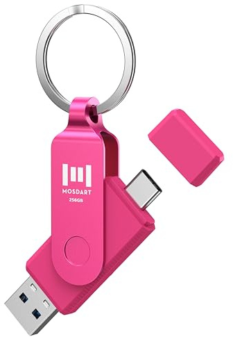 MOSDART 256GB USB C Dual Flash Drive Speed Up to 150MB/s with Keychain - 2 in 1 OTG USB 3.1 Type-C Thumb Drive Memory Stick for USB-C Android Phones, iPhone 15, MacBook, iPad, Computers, etc. Hot Pink