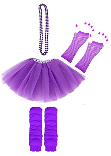 Lizzy 4pc Neon Colour Leg Warmers + Fishnet Gloves + 3Layer Tutu + Beads Necklace | 80s Neon Teen Fancy Dress Dance ware Hen Party Tutu Accessory (Purple, Girls)