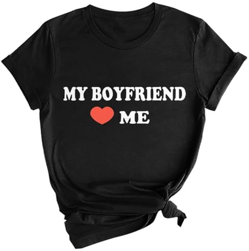 Skang Pullover Frühling Damen Lässiges Damen-T-Shirt „My Boyfriend Love“, Bedruckt, Kurzärmelig, Lässig, Lustiges Geschenk, Sommerpullover Karo Kauer Damen (Black, XXL)