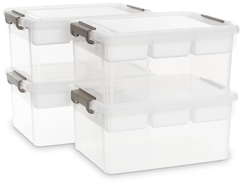 Citylife 4 Packs 16L Plastic Storage Boxes with Removable Tray Clear Plastic Box large Storage Box with Lid Stackable Storage Boxes for Organizing Bead, Tool, Sewing