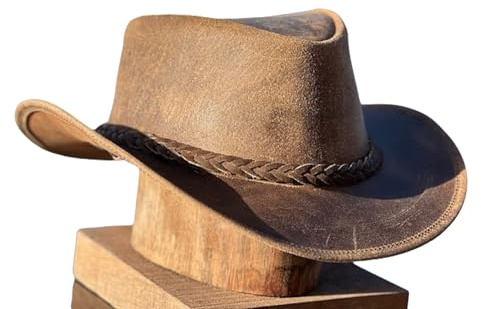 Men's Real Leather Cowboy Hats Australian Western Style Crazy Vintage Tan Outback Antique Hat with Shapeable Wide Brim