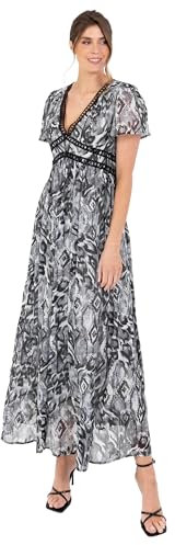 Lovedrobe Women's Ladies Maxi Dress Short Angel Sleeve V-Neckline Animal Print Empire A-line Casual Wedding Guest Occasion Grey 20