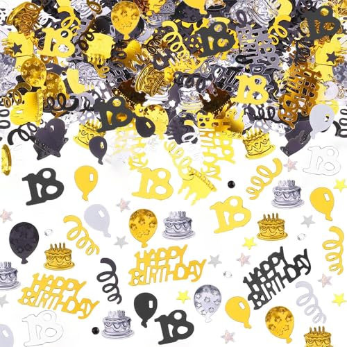 AIVEKE Happy Birthday Konfetti Tischdeko 18. - Streudeko für Frau Mann, Schwarz Gold, Luftschlangen, Glitzer Confetti für Jubiläum Partydekorationen