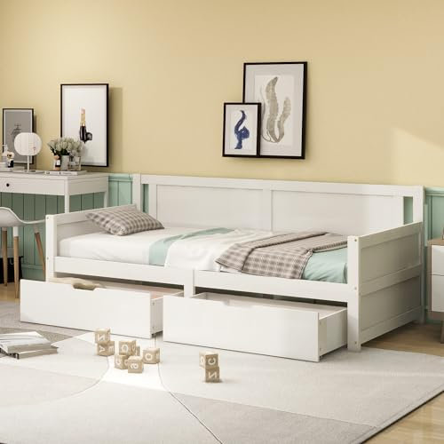 MYBOO Modernes Einzelbett Schlafsofa mit 2X Schubkästen 90 x 200 cm, Praktisches Bett inklusive Lattenrost, Kinderbett Jugendzimmer Bett Holzbett Jugendbett Funktionsbett Gästebett, Massivholz, Weiß