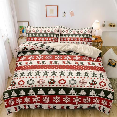 Gezu Parure de lit de Noël, 220 x 24 cm, pour fille, garçon, beige, vert, rouge, motif à carreaux, flocons de neige, Père Noël, 1 housse de couette et 2 taies d'oreiller 80 x 80 cm