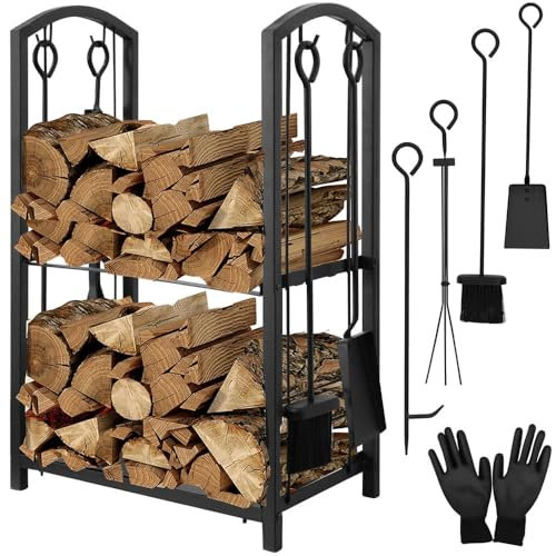 Melko Kaminholzregal 6-teiliges Set Kaminbesteck und Kaminhandschuhe Feuerholzablage mit seitlichen Haken für Innen und Außen Metall Kaminholzständer 2 Ebenen 46x31x74 cm Brennholzregal