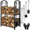 Melko Kaminholzregal 6-teiliges Set Kaminbesteck und Kaminhandschuhe Feuerholzablage mit seitlichen Haken für Innen und Außen Metall Kaminholzständer 2 Ebenen 46x31x74 cm Brennholzregal