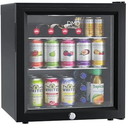 DMD Collective – Glass Mini Fridge, 50L Beer, Wine & Drink Chiller with LED Light, Lock + Key, Countertop Fridge with Reversible Door, Mini Bar For Bedroom, Office, Kitchen, Home
