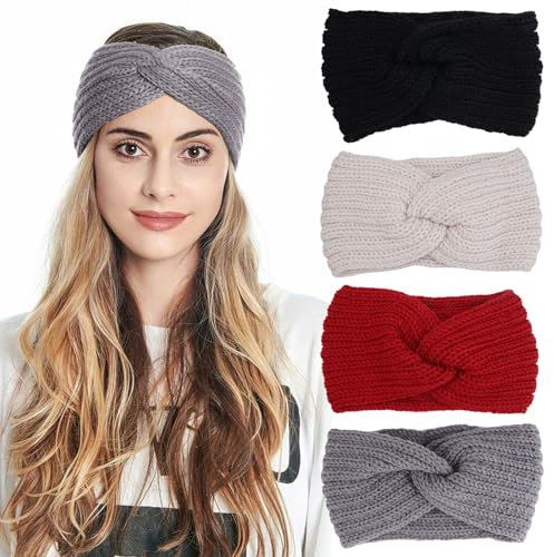Fascia per Capelli Donna Invernale,4 Pezzi Fascia Lana Capelli Donna,Fascia per Capelli Lavorata a Maglia,Fascia Capelli Invernale Donna Ispessita,Fascia Donna Invernale Morbido e Confortevole