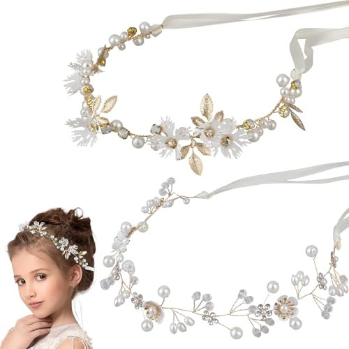 2 Stück Haarreifen Mädchen Blumenmädchen Haarband, Haarschmuck Kommunion, Kopfschmuck Prinzessin Brautschmuck Haare, Perle Krone Kristall Braut Hochzeit Haarschmuck, Braut Haarschmuck Perle Stirnband