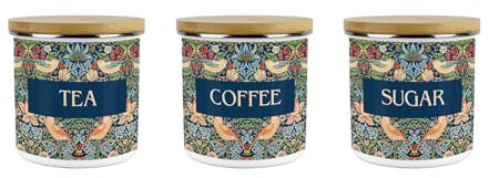 Blue Strawberry Thief Tea, Coffee & Sugar Storage Canisters Set - Morris Inspired Tapestry Artwork Gifts - Metal Enamel 600ml Kitchen Food/Drinks Containers Pack of 3