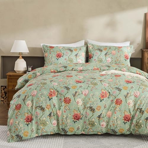 Simple&Opulence Double Duvet Cover Set 200x200 cm, Floral Printed Bedding Set with Pillowcases, Botanical Flower Pattern Quilt Cover, Soft Microfiber Bedding, Zip Closure, Easy Care
