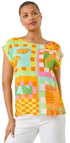 Roman Originals T-Shirt for Women UK - Ladies Tee Shirt Summer Top Holiday Day Causal Short Sleeve Blouses Round Crew Boat Neck Lightweight - Orange Abstract - Size 12