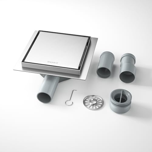 Bernkot Bodenablauf Dusche Edelstahl,15cm 2in1 Befliesbar Duschrinne Duadratisch mit 360°Siphon,Aufgerüstete abbaubare und reinigbare Wasserabdichtung und Haarfilter,2 Ablaufadapter DN50 DN40, Silber