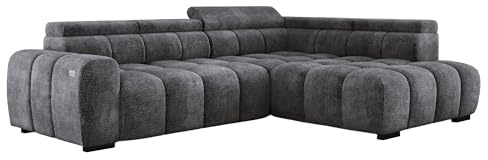 DomiMeble DomoHome Freistehend Ecksofa Ombo 297x137cm, L-Form, DUNKELGRAU mit Schlaffunktion 125x193cm, Sofa mit Verstellbarer Rückenlehne, Strukturstoff Eden, Verstellbare Kopfstütze
