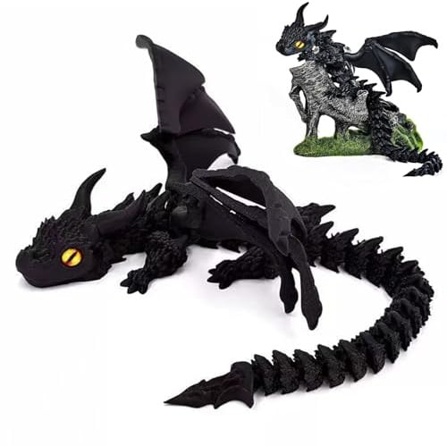 Afufu Drago Stampato in 3D 30cm Nero con Occhi e Ali, Snodabile Antistress, Figura Decorativa per Bambini e Adulti, Idea Regalo Fantasia