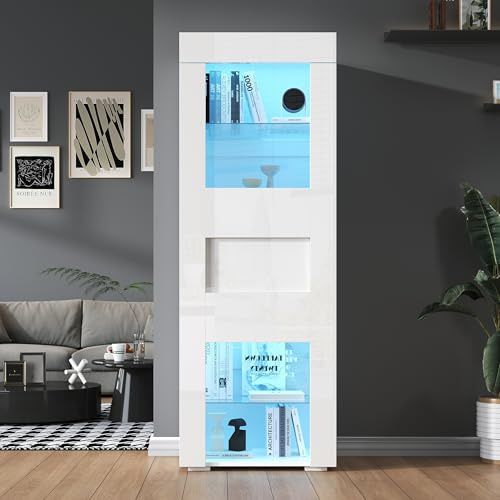 Doyisy 60x40x170cm Schrank,Vitrine ausSchranktür aus Acryl, Vitrine Hochglanz Lagerschrank mit LED-Beleuchtung, 2 Glasboden, Highboard, Wohnzimmerschrank, Aufbewahrungsschrank, Hochschrank,Weiß