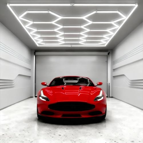 UISEBRT Hexagon LED Deckenleuchte,14 Hexs Garagenbeleuchtung mit Rechteck,IP44 flimmerfrei Werkstattbeleuchtung LED-Deckenleuchten 6500K Weiß für Garage, Werkstatt, Lager, Keller, Fitnessstudio,Salon