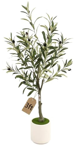 Huhemy Künstlicher Olivenbaum mit Topf, große Olivenzweige und lebensechte Früchte, für Zuhause, Büro, Haus, Wohnzimmer, 90 cm
