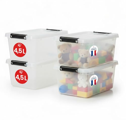 Iris Ohyama Aufbewahrungsboxen mit Deckel, 4.5L, 4er-Set, Transparent, Sicherer Verschluss, Stapelbar, Griffe, Schlafzimmer, Schrank, Büro, Organisation, BPA-freies Plastik, Ordnungsboxen, FTB-4.5