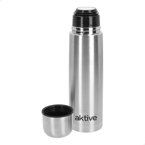 AKTIVE Botella Térmica Acero Inoxidable, 500 ml, Doble Pared, Incluye Vaso, Sistema Antigoteo, Libre BPA, 7x7x25 cm