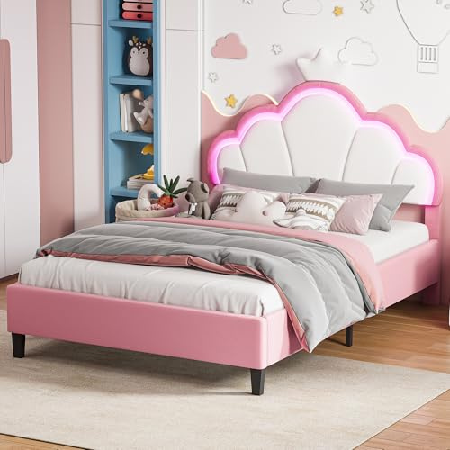 Générique Lit Enfant Rembourré 140x190 cm avec LED pour Fille Adolescent- Tête de Lit Réglable en Hauteur, Sommier à Lattes, Design Couronne de Princesse en Velours Rose (sans Matelas)