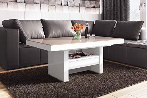 Design Couchtisch Tisch HLU-111 Cappuccino Weiß Hochglanz Schublade höhenverstellbar ausziehbar Esstisch