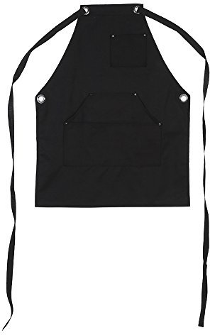 Apron With Straps,Black Waxed Canvas Tool Aprons, Heavy Duty Waterproof Workshop Apron Multi-function Bib Apron with Handy Pockets & Cross-Back Straps for Kitchen Garden Working Uniform